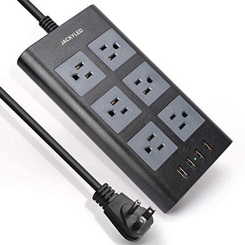 10Ft Flat Plug Power Strip, JACKYLED Surge Protector with 6 AC Outlets and 2.4A 4 USB Charging Ports, 1875W/15A Extension Cord Pack Fireproof Desktop Charger for Office Home Kitchen School, Black Gray