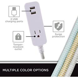 Cordinate Designer 1-Outlet 2-USB Charging Extension Cord with Surge Protection, Gray Braided Décor Fabric Cord, 10 ft, 2.4A USB Charging Ports, with Tamper Resistant Safety Outlets, 37917