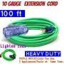 10 Gauge Triple Tap Extension Cord 100 ft with Lighted Ends 10/3 Contractor Grade 100 ft 10 Gauge Power Extension Cord 10/3 Plug Heavy Duty Indoor Outdoor Triple Outlet (100 ft 10 AWG Copper, Green)