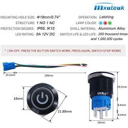 mxuteuk 19mm Latching Push Button Switch 1 NO 1 NC SPDT ON/Off Black Metal Shell with 12v Blue Power Symbol Light with Wire Socket Plug Suitable for 3/4'' Mounting Hole Self-Locking L-19-POWER-B-BU