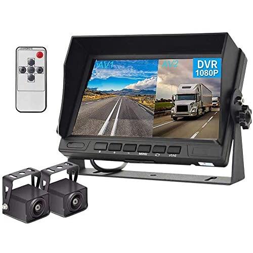 Hodozy Backup Camera 2 Split Screen Monitor System DVR Recording 7 inch 1080P Dual Waterproof Night Vision Rearview Camera Easy Installation for Truck/Trailer/Large Box/RV/Camper/Bus