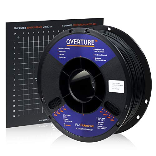 Overture PLA Plus (PLA+) Filament 1.75mm PLA Professional Toughness Enhanced PLA Roll with 3D Build Surface 200 x 200mm, Premium PLA 1kg Spool (2.2lbs), Dimensional Accuracy +/- 0.05 mm (Black)