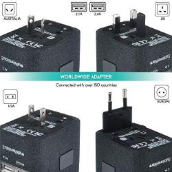 International Power Adapter for Travel (SandBlack) - 4 USB European Plug Adapter for 150+ Countries - for Europe UK America China Ireland Italy - Smart Charging 2.4A Travel Adapters by Sublimeware
