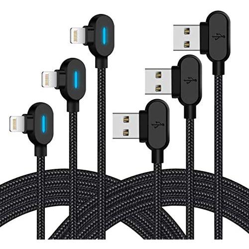 LED iPhone Charger Cable 10 FT 3Pack Right Angle Lightning Cable 90 Degree Nylon Braided Charging Cord Gaming USB Charging/Sync Compatible with iPhone 12 11 Pro XS MAX XR X 8 7 6S Plus SE iPad