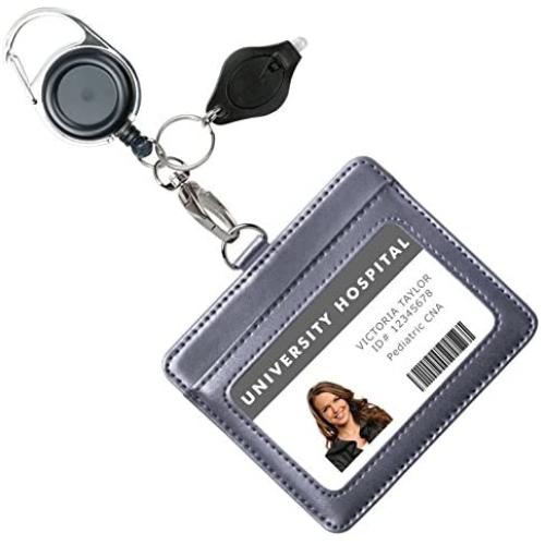 Genuine Leather ID Badge Holder Wallet with Heavy Duty Carabiner Retractable Reel, Key Ring and Metal Clip, 2 Card Pockets. Holds Multiple Cards & Keys. Bonus Key Chain Flashlight. Vertical. Gray. Genuine Leather ID Badge Holder Wallet with Heavy Duty Carabiner Retractable Reel, Key Ring and Metal Clip, 2 Card Pockets. Holds Multiple Cards & Keys. Bonus Key Chain Flashlight. Vertical. Gray.