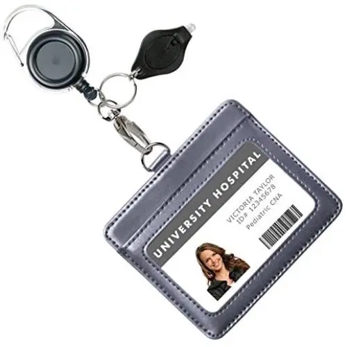 Genuine Leather ID Badge Holder Wallet with Heavy Duty Carabiner Retractable Reel, Key Ring and Metal Clip, 2 Card Pockets. Holds Multiple Cards & Keys. Bonus Key Chain Flashlight. Vertical. Gray.