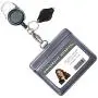 Genuine Leather ID Badge Holder Wallet with Heavy Duty Carabiner Retractable Reel, Key Ring and Metal Clip, 2 Card Pockets. Holds Multiple Cards & Keys. Bonus Key Chain Flashlight. Vertical. Gray.