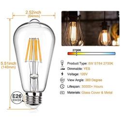 Edison Led Bulbs Dimmable Light Bulb 8W - 75 Watt Equivalent Vintage Style Filament Bulb 2700K Warm White E26 650 Lumen 6-Pack
