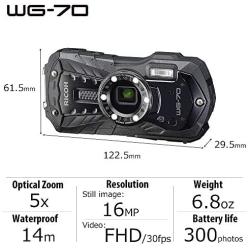Ricoh RICOH WG-70 Black Waterproof Digital Camera 16MP High Resolution Images Waterproof 14m Shockproof 1.6m Underwater Photography 6-LED Ring Light Digital Microscope Mode Tough Body Design.