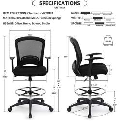 Ergonomic Mid-Back Mesh Adjustable Drafting Chair with Foot Ring, Standing-Desk Matched Tall Swivel Computer Office Stool, Black