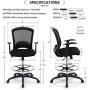Ergonomic Mid-Back Mesh Adjustable Drafting Chair with Foot Ring, Standing-Desk Matched Tall Swivel Computer Office Stool, Black