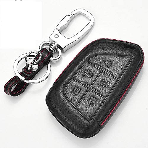 Royalfox(TM) for Cadillac New Blade Shape Key, 5 Buttons Leather Full Protection keyless Remote Smart Key Fob case Cover Keychain for 2020 Cadillac ct5 CT4-V Corvette C8 (Leather Black)