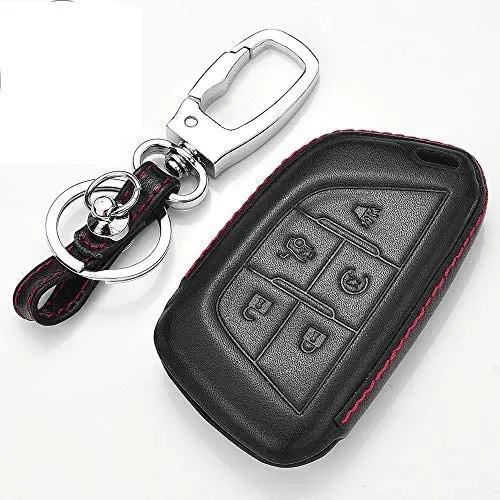 Royalfox(TM) for Cadillac New Blade Shape Key, 5 Buttons Leather Full Protection keyless Remote Smart Key Fob case Cover Keychain for 2020 Cadillac ct5 CT4-V Corvette C8 (Leather Black)