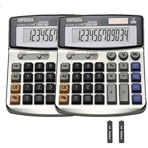 XINPENGFA Office Calculator, Solar and Battery Dual Power, Metal Surface 12 Digit Display Big LCD and Large Button（Pack of 2）