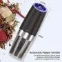 JOBKIM Gravity Electric Pepper Grinder set of 2, Automatic Salt and Pepper Mill Grinder, Battery Powered, Adjustable Roughness, Blue LED Light, Stainless Steel with One Hand Operation