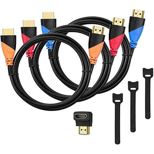 High-Speed HDMI Cable(3 Pack)-6ft with Gold Plated Connectors, Bonus Right Angle Adapter and Cable Tie, Support Ethernet, 3D,1080P