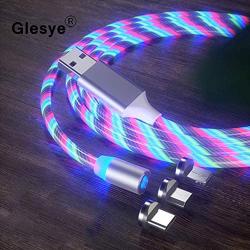 3 in 1 Magnetic Charging Cable LED Flowing Shining Colorful Cord Light Up Candy Moving Party Streamer Absorption USB Compatible with Mirco USB Android, Type C Smartphone and iProduct Device