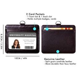 Genuine Leather ID Badge Holder with Heavy Duty Carabiner Retractable Reel, Key Ring and Metal Clip, 2 Card Pockets. Holds Multiple Cards & Keys. Key Chain Flashlight. Horizontal. Espresso Brown
