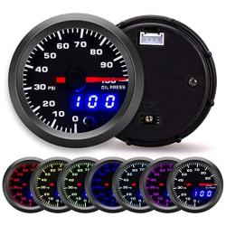100 PSI 7 Color Oil Pressure Gauge Kit - Includes Electronic Sensor - Black Dial with Pointer and LED Digital Readouts - for Car & Truck - 2-1/16'' 52mm