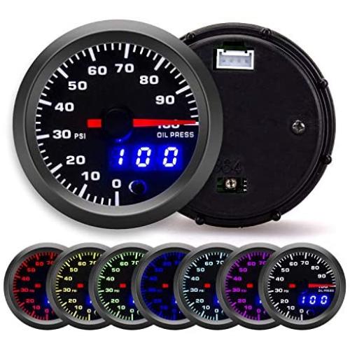 100 PSI 7 Color Oil Pressure Gauge Kit - Includes Electronic Sensor - Black Dial with Pointer and LED Digital Readouts - for Car & Truck - 2-1/16'' 52mm