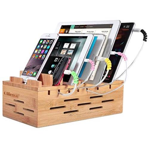 Ollieroo Bamboo Charging Station for Multiple Devices, Desktop Charging Docking Station Organizer for Cellphone, Tablet, with Air Vents