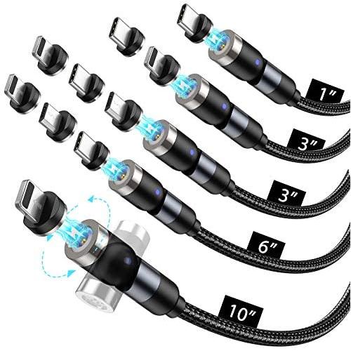 Aralana Magnetic Charging Cable 5-Pack, 3-in-1 Magnetic Phone Charger, Nylon Braided with Led Light (1ft+3ft+3ft+6ft+10ft), Compatible with Micro USB, Type C and iProduct (Black)