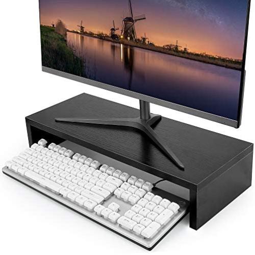 Monitor Stand Riser (Hide Full Size Keyboard), ABPBP Wood TV PC Desktop Computer Monitor Screen Riser for Desk, Ergonomic Laptop Printer Stand TV Shelf (Tool-Free Assembly) (Black Walnut)