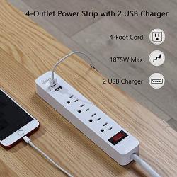 Power Strip with 2 USB Charger(4FT), KF 4-Outlet USB Power Strip Cord, ETL Listed, Overload Protection, Ideal for Computers, Home Theatre, Appliances, Office Equipment and More, White