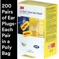 3M Ear Plugs, 200 Pairs/Box, E-A-Rsoft Yellow Neon Blasts 312-1252, Uncorded, Disposable, Foam, NRR 33, Drilling, Grinding, Machining, Sawing, Sanding, Welding, 1 Pair/Poly Bag