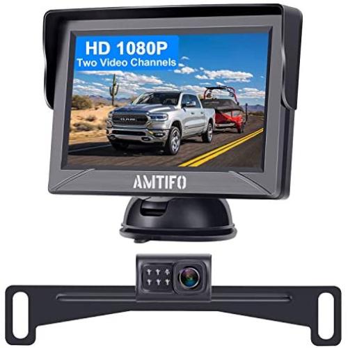AMTIFO A12 HD Backup Camera Kit Two Video Channels Monitor Driving Hitch Rear/Front View Observation System for Trucks,Cars,Campers,DIY Guide Lines,Super Night Vision
