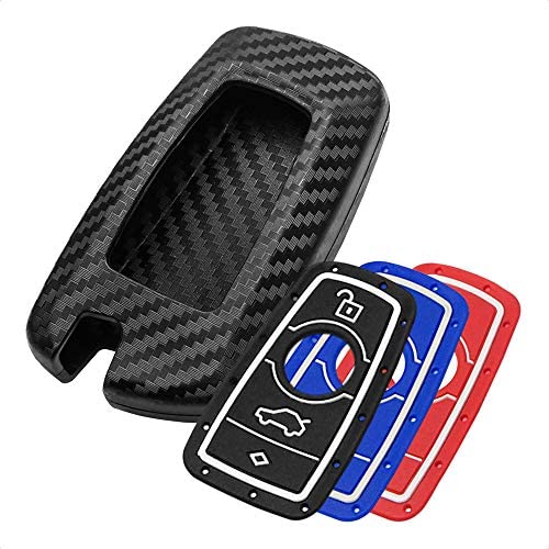 TANGSEN Smart Key Fob Case Cover for BMW 1 3 4 5 6 7 Series GT3 GT5 M5 M6 X3 X4 3 4 Button Keyless Entry Remote 3D Twill Weave Carbon Fiber ABS Plastic Emboss Silicone Rubber