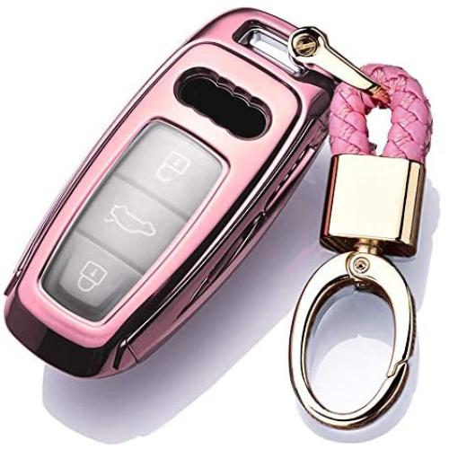 Royalfox(TM) 3 Buttons Soft TPU Smart keyless Remote Key Fob case Cover Shell for Audi New Smart Key,2019 Audi A6 A6L A7, 2018 2019 A8, (Pink)