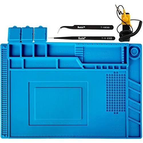 Kaisiking S-160 Silicone Repair Mat Electronics Repair Mat Magnetic Repair Mat Silicone Soldering Mat with 2 ESD Tweezers and Anti-Static wrist strap for Soldering, Electronics Repair,17.8 x 11.8 inch