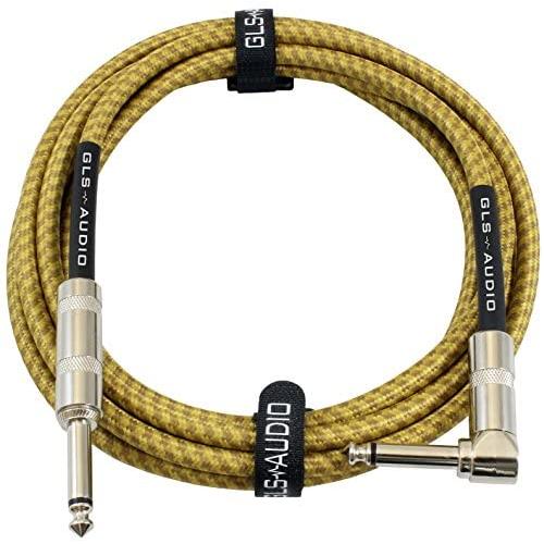 GLS Audio 10 Foot Guitar Instrument Cable - Right Angle 1/4 Inch TS to Straight 1/4 Inch TS 10 FT Brown Yellow Tweed Cloth Jacket - 10 Feet Pro Cord 10 Phono 6.3mm - Single