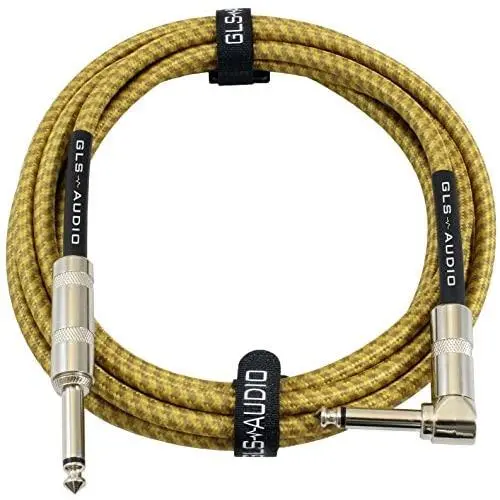GLS Audio 10 Foot Guitar Instrument Cable - Right Angle 1/4 Inch TS to Straight 1/4 Inch TS 10 FT Brown Yellow Tweed Cloth Jacket - 10 Feet Pro Cord 10 Phono 6.3mm - Single
