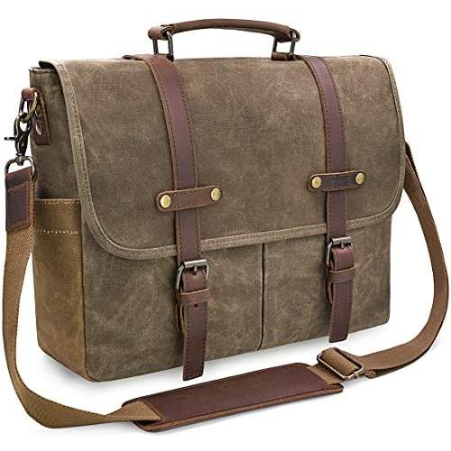 Mens Messenger Bag 15.6 Inch Waterproof Vintage Genuine Leather Waxed Canvas Briefcase Large Satchel Shoulder Bag Rugged Leather Computer Laptop Bag, Khaki