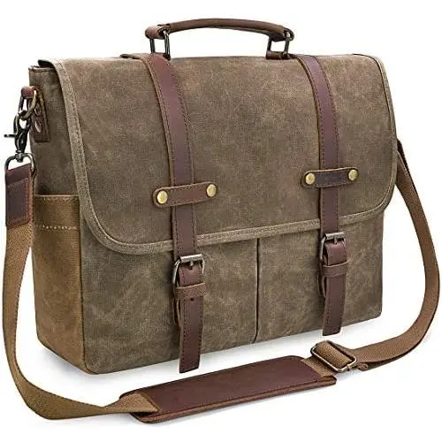 Mens Messenger Bag 15.6 Inch Waterproof Vintage Genuine Leather Waxed Canvas Briefcase Large Satchel Shoulder Bag Rugged Leather Computer Laptop Bag, Khaki Mens Messenger Bag 15.6 Inch Waterproof Vintage Genuine Leather Waxed Canvas Briefcase Large Satchel Shoulder Bag Rugged Leather Computer Laptop Bag, Khaki