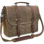 Mens Messenger Bag 15.6 Inch Waterproof Vintage Genuine Leather Waxed Canvas Briefcase Large Satchel Shoulder Bag Rugged Leather Computer Laptop Bag, Khaki