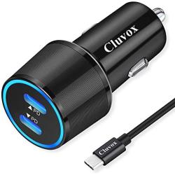 Cluvox Dual USB C Fast Car Charger Compatible for Samsung Galaxy S21/Note 20/Ultra/10/S20/Plus/S10/S9/A20/A51, Google Pixel 5/4a/4 XL/3a XL/2 18W Power Delivery Rapid Car Adapter with 3FT Type C Cord