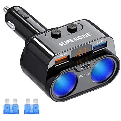 SUPERONE 200W 2-Socket Cigarette Lighter Splitter Power Adapter, USB C Car Charger with 18W Power Delivery 3.0 & Quick Charge 3.0 for iPhone 12/11/11 Pro/X/8/7, Samsung, Google Pixel and More