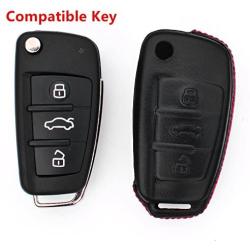 M.JVisun Men Women Genuine Leather Key Fob Cover for Audi A1 A3 A4 A6 A8 Quattro Q2 Q3 Q7 R8 RS3 RS6 S3 S6 TT TTS Key, Car Remote Key Case Pouch Bag with Key Ring Kit Keychain Holder Hook - Black