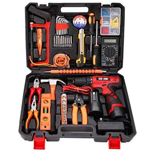 jar-owl 60-Piece Power Tool Set Cordless Drill Set with 16.8V Lithium Driver, Household Hand Tool Kit with Plastic Toolbox Storage Case, Power Tools Combo Kit with Multimeter for Home Repair