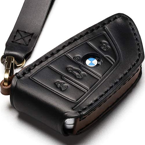 Leather BMW Key Fob Cover Suit for Keyless Remote Control for BMW 1 2 3 4 5 6 7 Series and X1 X2 X3 X5 X6 etc (A Black) …