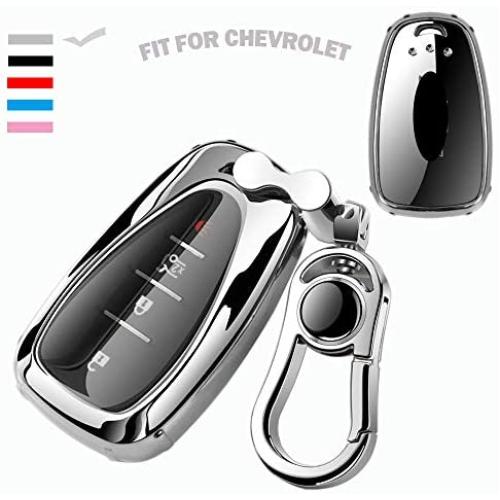 K LAKEY Key Fob Cover, Compatible with Key fob case Malibu Camaro Cruze Spark Volt Sonic Trax Equinox, Smart Car Key Soft TPU Case Shell Protector Key Fob with Alloy Keychain Blue Silver