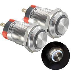 APIELE (Pcs of 2) 12mm Latching Push Button Switch High Round Head Stainless Steel 1 Normally Open with Ring Led (White)