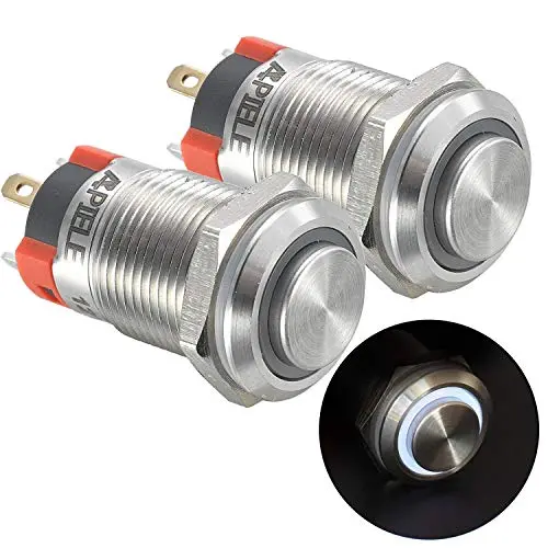 APIELE (Pcs of 2) 12mm Latching Push Button Switch High Round Head Stainless Steel 1 Normally Open with Ring Led (White)