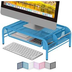 NEATERIZE Monitor Stand for Desk - Metal Monitor Stand Riser and Laptop Desk Stand with Organizer - Desktop Computer Stand and Monitor Riser Stand for Desk with Drawer - Improves Airflow - (Blue)