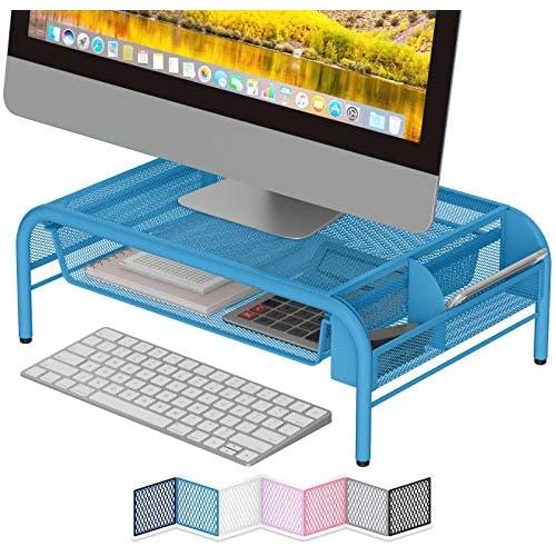 NEATERIZE Monitor Stand for Desk - Metal Monitor Stand Riser and Laptop Desk Stand with Organizer - Desktop Computer Stand and Monitor Riser Stand for Desk with Drawer - Improves Airflow - (Blue)