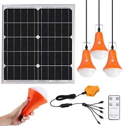 GVSHINE Portable Solar Panel, 20W Solar Lighting Kit for Home RV Hiking Hurricane Shed Emergency - 4 Pack 500 Lumen Rechargeable LED Bulbs with Remote Control Digital Power Display - Phone Charger