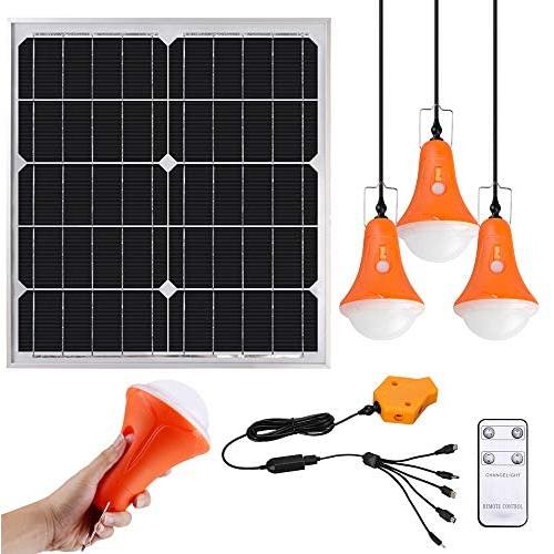 GVSHINE Portable Solar Panel, 20W Solar Lighting Kit for Home RV Hiking Hurricane Shed Emergency - 4 Pack 500 Lumen Rechargeable LED Bulbs with Remote Control Digital Power Display - Phone Charger